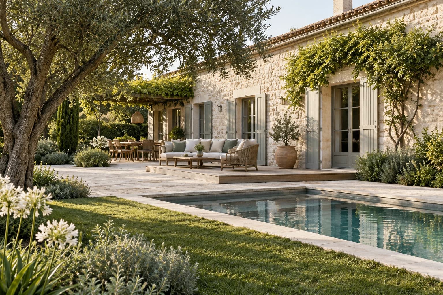 Terrasse paysagée et bassin près d’une maison en pierre.