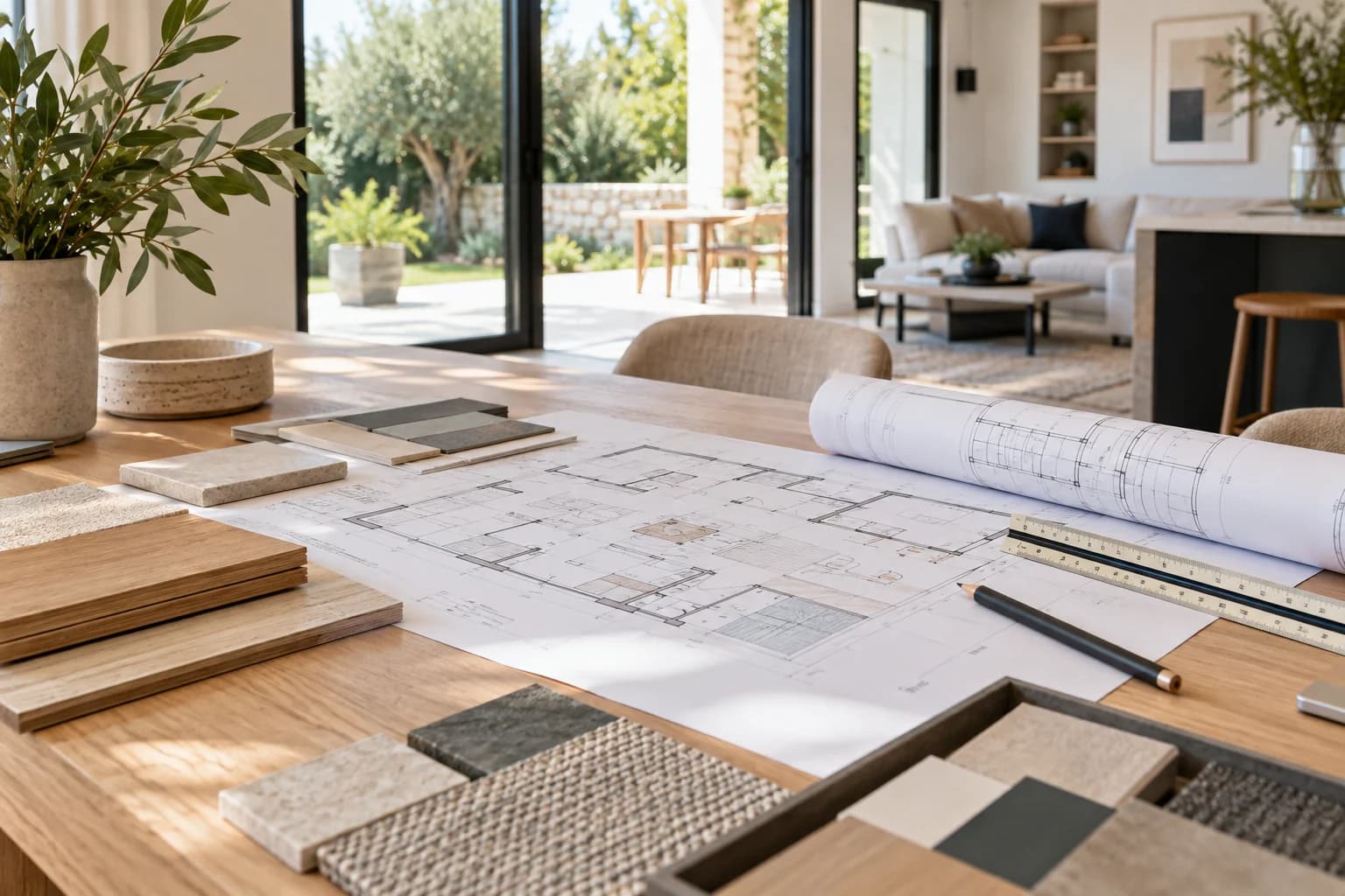 Plans et échantillons de matériaux organisés sur une table de projet.