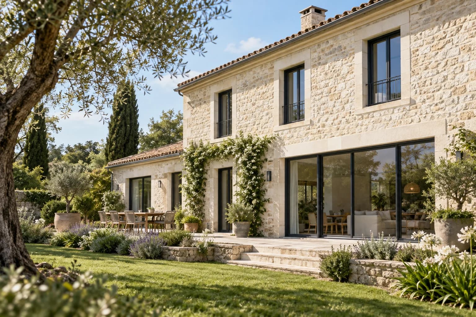 Maison en pierre rénovée avec de grandes ouvertures contemporaines.