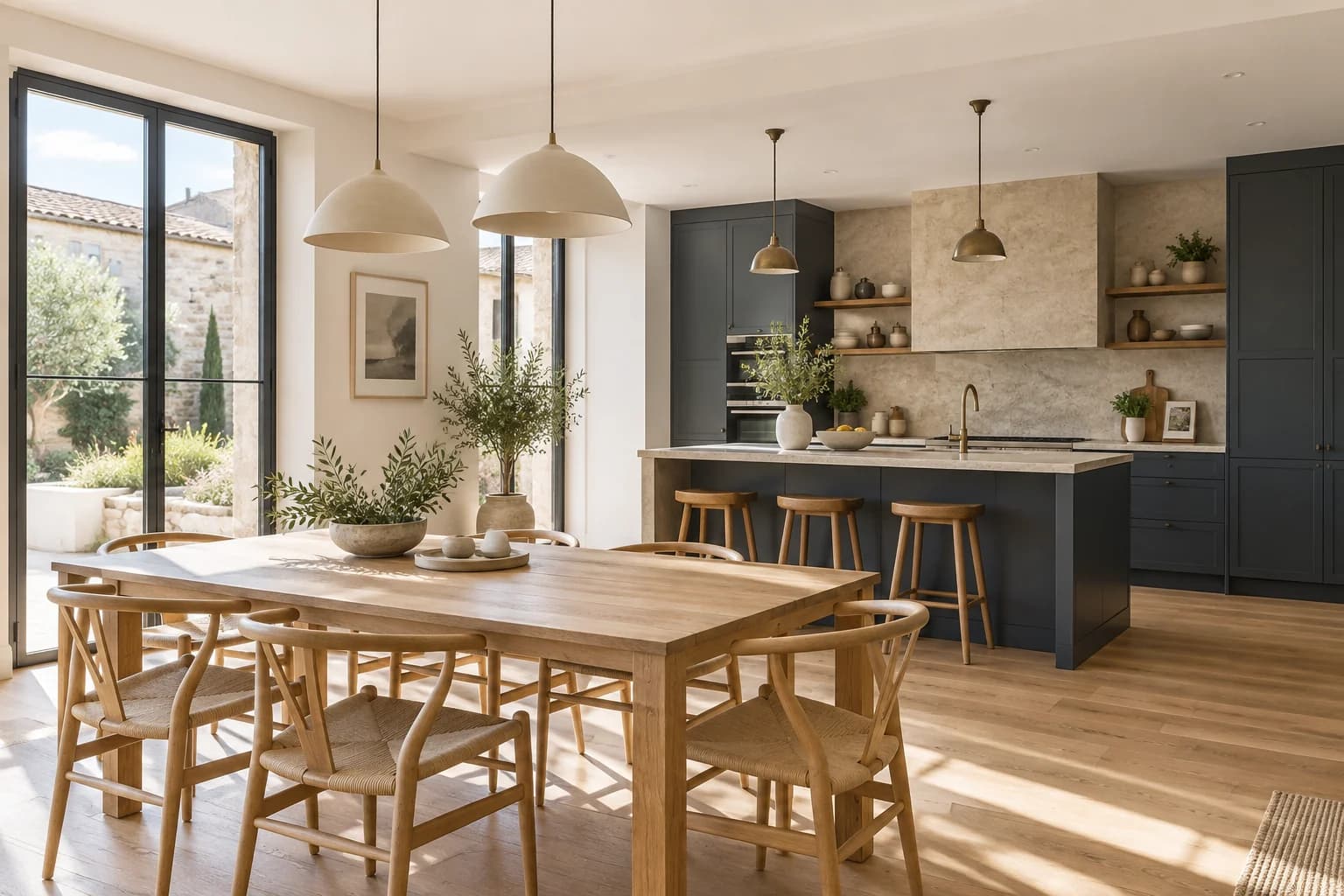 Cuisine et salle à manger rénovées, lumineuses et contemporaines.
